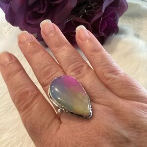 New Teardrop sz 10 Rainbow Quartz .925 Silver Ring yellow, pink, green, blue